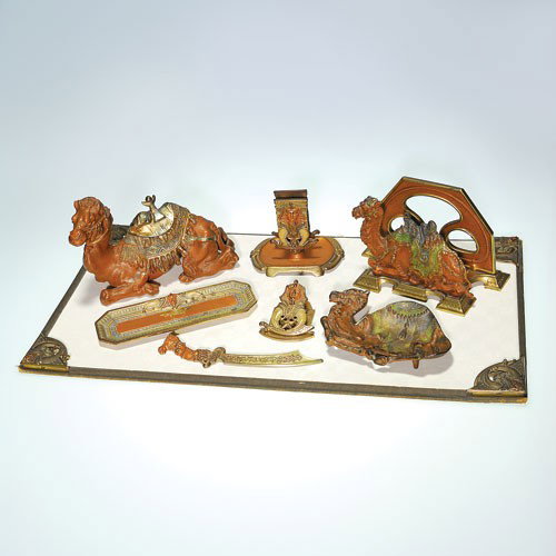 Shriners Camel & Sphinx desk set, 8 piece, hand painted: Unusual Camel and Sphinx desk set produced in the 1920's for the Masonic Shriners Organization, molded from brass or cast iron and embellished by skillful hands with fired on color. Consisting: 5 1/2 