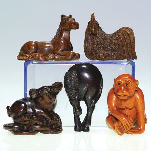 5 wood netsuke & figurines of animals,inlay eyes, talle: Five carved wood netsuke and figurines of various animals. Two netsuke includes a horse, 2 1/8 inches and a piglet reclining on a stack of coins, 1 1/2 inches. The figures include a seated monkey, 1 3