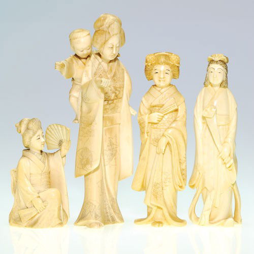 4 assorted Ivory, Women, tallest 6 1/2": Four assorted ivory female figurines consisting of a mother carrying a child on her back, 6 1/2 inches, her extending hand has glue residue at the wrist, indicating repair; a kneeling maiden holding t