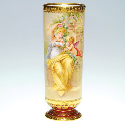 Royal Vienna portrait vase, Grecian lady, 7", marks: Royal Vienna vase hand decorated with a Grecian maiden sitting on a terrace accompanied by a cherub,the opposing side having two cherubs. Decorative rim and footed base blanketed with fired on gold. H