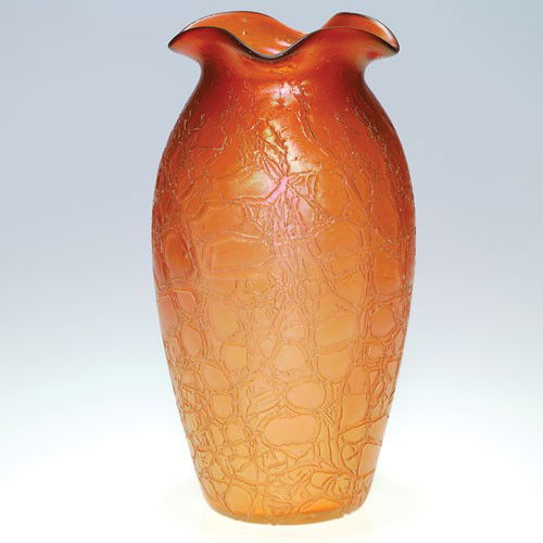 Loetz "Craquele" vase, orange, ruffled rim, 11": Nice Loetz orange vase with a textured "Craquele" surface, the rim pulled with pinchers (tool marks evident) to form a four spouted lip. Height 11 inches. Slight pinkish cast covers the outside. Hands