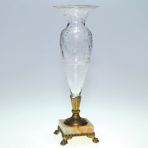 Pairpoint cut crystal vase on marble pedestal,14 1/2", : Pairpoint crystal vase mounted into a metal stem and marbled base. The vase was fastidiously wheel engraved with ferns and flowers above a diamond quilted band. Combined height 14 1/2 inches. The mamm