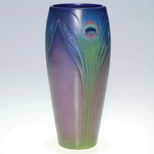 Rookwood Vellum vase, carved peacock feathers, Sax: Carved and painted Vellum glaze vase with peacock feather decoration done in 1913 by Sara Sax. Three feathers extend from rim to base and are equally spaced around the perimeter. Marks include the Roo