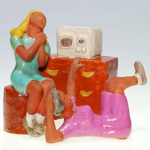 Rookwood artist Jean Reich sculpture "Sinatra Swooners": Sculpture depicting a pair of teenage girls, listening to the radio and in an excited state over the singer, the work of former Rookwood designer and artist Jean Reich and entitled "Sinatra Swooners."