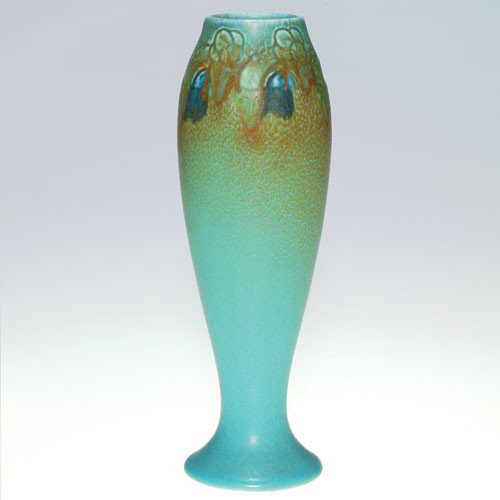 Rookwood mat floral 9 1/2" vase, Todd, 1918: Incised and painted mat glaze vase decorated by Charles Todd in 1918 with a repeating pattern of bluebells. Impressed with the Rookwood symbol, the date and shape 949 D and incised with the artist's m