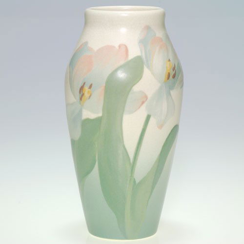 Rookwood Vellum vase, tulips, Sax, 1904, 182 DZ, 8": Vellum Glaze 8 inch vase decorated by Sara Sax in 1905 with a pair of white and pink tulips and green leaves. Impressed with the Rookwood symbol, the date, shape 182 DZ and a V to indicate Vellum and