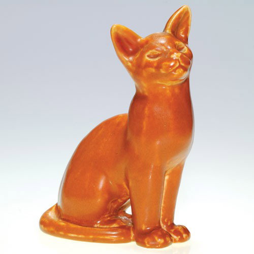 Rookwood cat paperweight, 1931, shape 6182, 6 3/4": Cat paperweight, a Louise Abel design, cast in 1931 and covered with an orange brown mat glaze. Impressed with the Rookwood symbol, the date, shape 6182, Louise Abel's mold monogram and a fan-shaped e