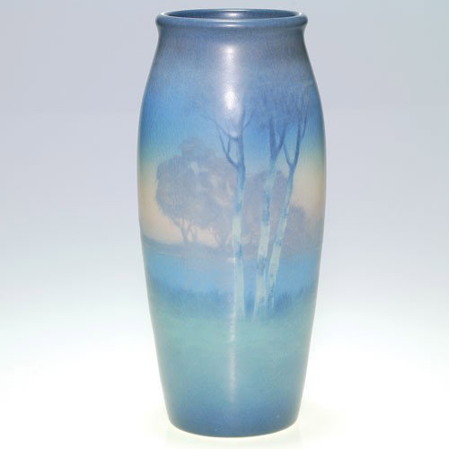 Rookwood Vellum scenic vase, 1913, 1121 B, 11 5/8": Large Vellum landscape vase depicting white birch trees alongside a tranquil stream with other trees lining the far shore, the work of Lenore Asbury in 1913. Impressed with the Rookwood insignia, the 