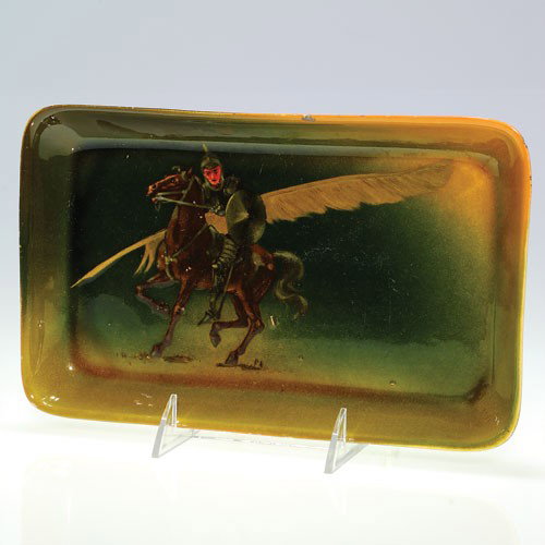 Rookwood Standard tray, Cook, 1894, 6 1/2 by 10 3/4: Standard Glaze tray, 1 inch by 6 1/2 inches by 10 3/4 inches, depicting a knight on horseback with a large feather in the background, the work of Daniel Cook in 1894. Impressed on the back with the Ro