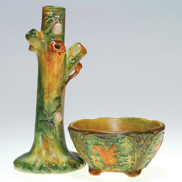 Weller Woodcraft 3" squirrel bowl and stump vase.: Lot of two Weller Woodcraft items: First is a 3 inch by 5 3/4 inch bowl with a repeating pattern of squirrels in trees; marked with the Weller Ware inkstamp and the designation D4 in blue slip. Second