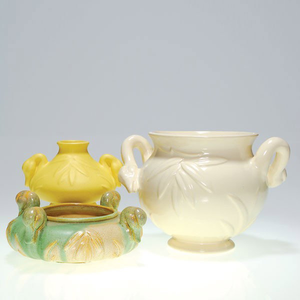 3 Weller Patricia pieces, swan motifs, 7": Lot of 3 Weller Patricia bowl, each having a Swan motif. First stands 7 inches with two handles in the form of swan necks and heads and covered with an ivory glaze. Impressed with the Weller incised m
