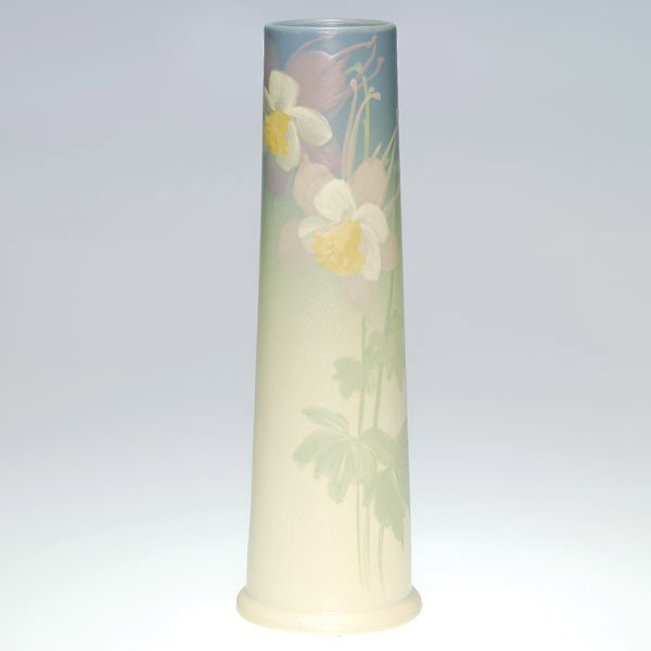 Weller Hudson light vase, columbine, 13 1/2": Handsome Weller Hudson Light vase with nicely detailed columbine decoration. Impressed Weller in large block letters. Height 13 5/8 inches. Fine overall crazing and two small nicks off the base which 