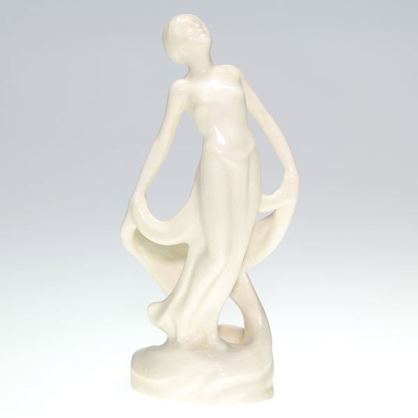 Cowan flower figure, "Repose," shape 712, 6 1/2": Cowan Pottery 6 1/2 inch flower figure, designed by R. Guy Cowan, covered with the Special Ivory glaze. Impressed with the circular Cowan logo. There is fine crazing.