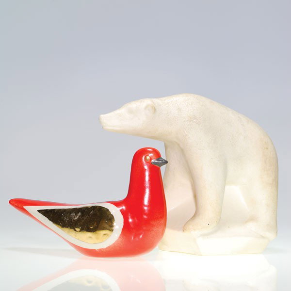 2 Post Cowan, Waylande Gregory items, bear and pi: Two Post Cowan Waylande Gregory pieces. 1). Polar bear 8 1/4 inches by 10 inches figure in mat and gloss white. Signed on the base in gold slip. Excellent original condition. 2). Pigeon figure in oran