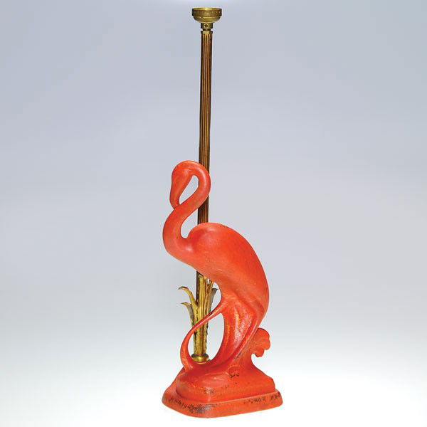 Rare Cowan flamingo lamp with fittings, Oriental R: Uncommon Cowan Flamingo lamp in Oriental Red glaze, having part of the original Crest fittings. The flamingo is a Waylande Gregory design but this bird has a built on plinth through which wiring can b