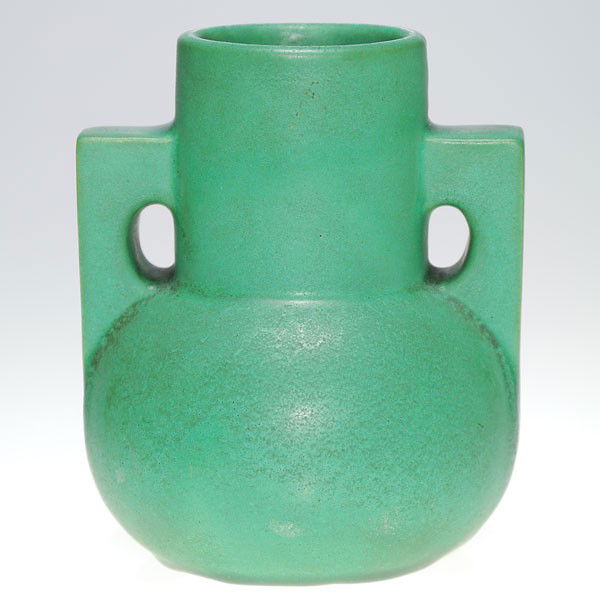 Stubby Teco vase, two hanldes, great form, 5 5/8": Stubby Teco twin handled vase in green mat glaze, one of their more interesting architectural forms. Impressed Teco twice faintly on the bottom. Height 5 5/8 inches. Excellent original condition nice