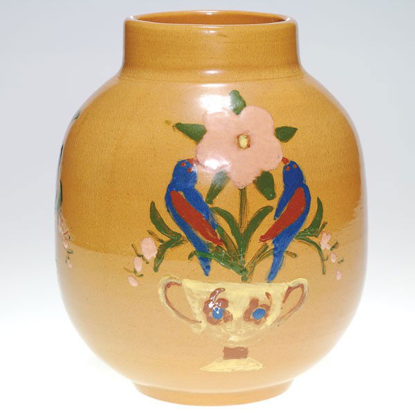 UND vase, hand painted birds, flowers, B. Nyquist,: University of North Dakota vase with hand painted birds and flowers done by B. Nyquist on April 22nd, 1943. There are three panels showing a flower pot, flower and two birds, each slip decorated in mu