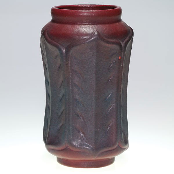 Van Briggle vase, Mulberry, USA, 7 5/8": Van Briggle vase with stylized leaf decoration done in Mulberry glaze. Incised AA Van Briggle USA. Height 7 5/8 inches. Uncrazed