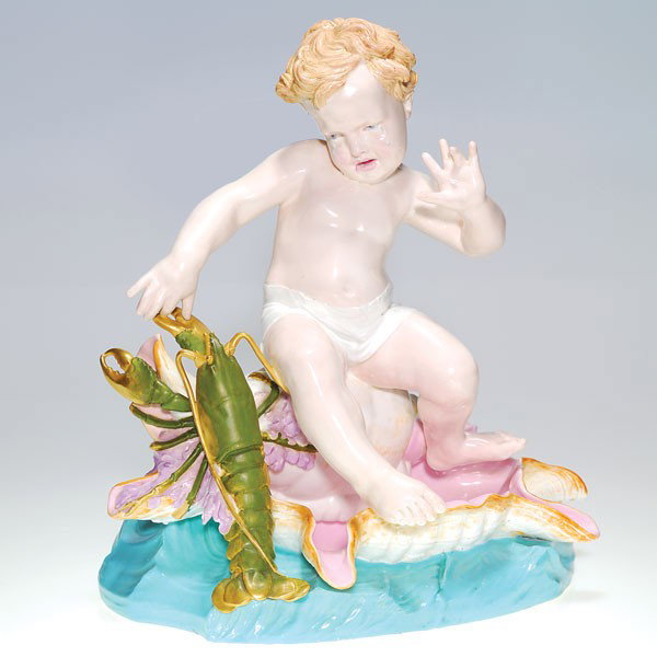 Brownfield majolica figure of small boy with lobst: Rare Brownfield majolica figural piece consisting of a young tyke sitting on a large conch shell while a lobster is pinching his right index finger. The boy recoils from the feisty crustacean while te