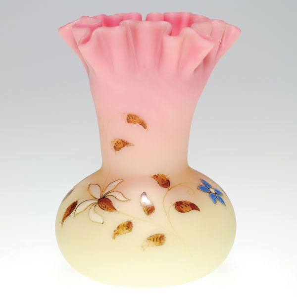 Webb Burmese vase, floral vine decor, crimp rim, 3: Burmese frilly top vase created by Thomas Webb & Sons, enameled with flowers on a painted leafy vine. Height 3 3/4 inches. A sweet posey vase in very good condition.