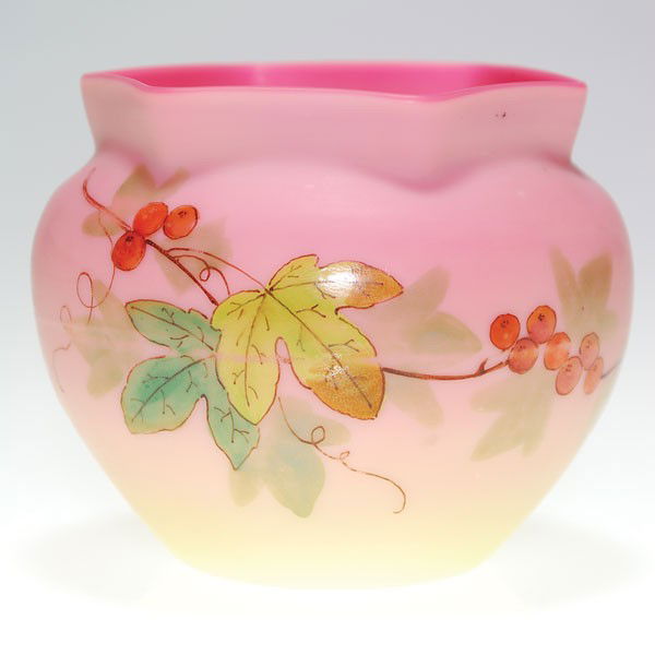 Webb Burmese vase, ivy & berry, hexagon top, 3": Thomas Webb & Sons Burmese vase with hexagonal rim, the body decorated with vines, autumn foliage and red berries. Height 3 inches. Stray color near the rim, otherwise very good condition.