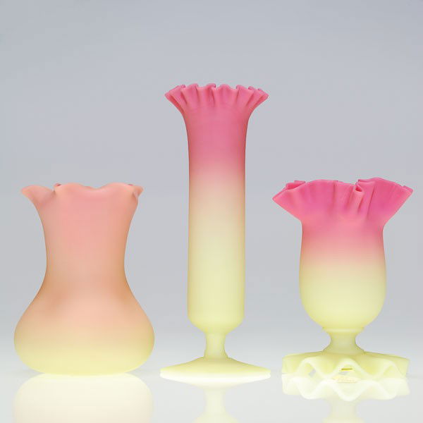 3 mini Webb acid Burmese vases, tallest 6": Trio of Thomas Webb & Sons Burmese vases with acid surfaces. Tallest is 6 inches. The vases have frilly, folded or crimped rims and nice shaded color. The fold top vase has grayish areas to the interi