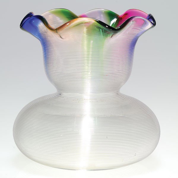 Nicholas Lutz "Rainbow" vase, threaded body, 4 1/2: Lovely "Rainbow" vase, the work of French emigrant Nicholas Lutz while working at Boston & Sandwich Glass Company. The 4 1/2 inch vase is enshrouded with delicate threading. Minor rough areas in the t