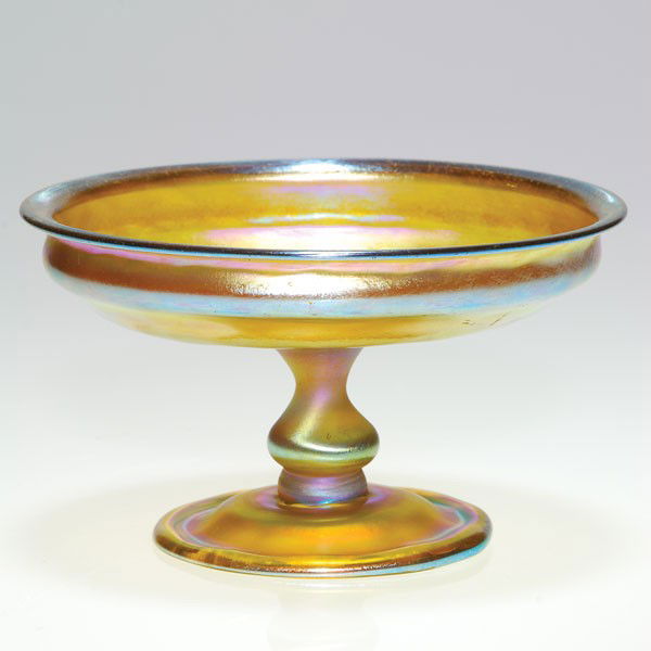 Tiffany compote, intaglio carved scarab in bowl, 3: Good Tiffany compote displaying a mighty scarab beetle, a symbol of Good Luck, intaglio carved in the center of the diamond quilted bowl and held aloft by a stout stem. Height 3 1/4 inches, diameter 5