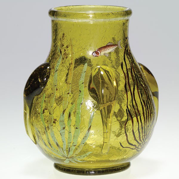 Moser crackle vase, seaweed, minnows, applied rain: Moser craquelle vase enameled with a subaquatic scene showing two minnows navigating seaweeds. Four large amber raindrops were neatly applied around the circumference. Height 6 inches. Nick to side ta