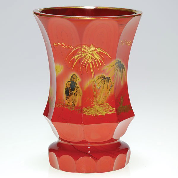 Lithyalin glass beaker attributed to Friedrick Ege: Bohemian lithyalin beaker, a process developed by Friedrick Egermann in the 1800's. Imitating a gemstone, the surface is cut and polished and decorated in black and gold with an Asian landscape showin