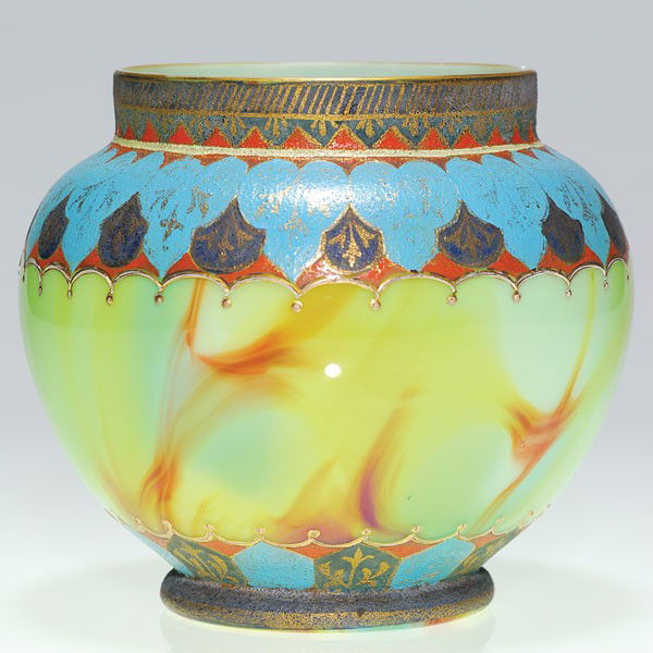 Loetz Marmoriertes Glas vase, enamel tapestry, 5 3: Loetz Marmoriertes Glass vase, the shoulder and base draped with an elegant enamel tapestry design in complementary colors of turquoise, iron red and hunter green. The design lies over a blue and gree