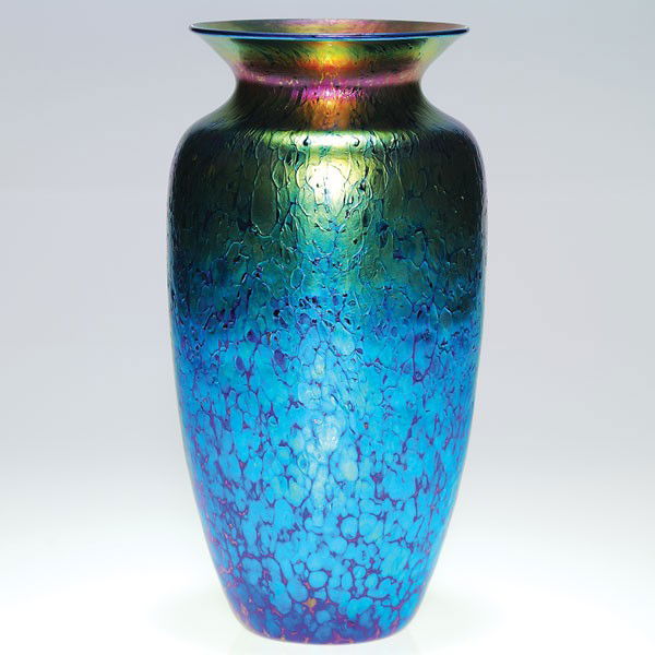 Loetz textured vase, blue, bright rainbow highligh: Impressive Loetz vase with "oil spots" covering the nicely textured surface flourished with vibrant color of magenta, gold, green and blue. Height 10 3/8 inches. Applied button pontil. Aristocratic ve