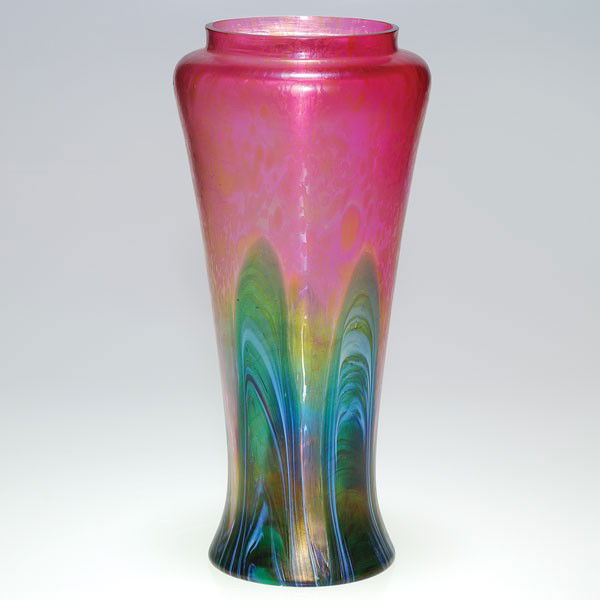 Rindskopf vase, pink, leaf decoration, 12": Pink Rindskopf vase with "oil spots" and having leaf blades of green, blue and opal pulled up from the base. Height 12 inches. Erroneous Loetz signature. Beautiful rainbow iridescence. Excellent condi
