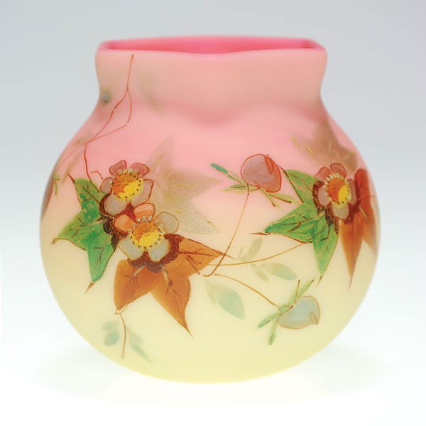 Burmese vase, hexagon top, blue flowers with folia: Global Thomas Webb & Sons Burmese vase with hexagonal rim, the body beautifully decorated with lavender blue flowers among brown and green foliage. Height 3 inches. Lovely example in very good conditi