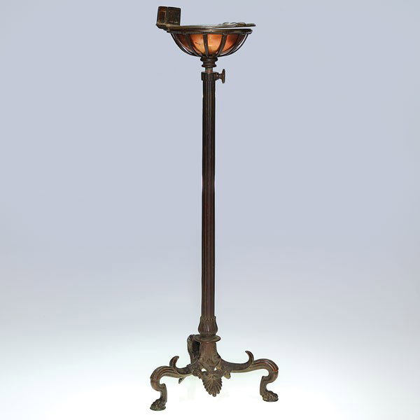 Tiffany smoking stand, mammal feet, brass insert, : Tiffany Studios bronze smoking stand elevated on three legs with mammal feet alternating with decorative palm leaf ornaments. The holder with copper brass insert can be conveniently adjusted to height