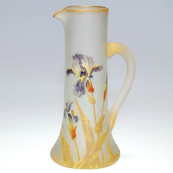 Mt Joye tankard, enameled iris, 10 1/2", unmarked: Mount Joye frosty tankard enamel decorated with two irises and a bud attached to golden stalks among leaf blades. Height 10 1/2 inches. Gold accents the handle and rim. Nice natural design. Excellent 