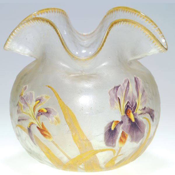 Mont Joye enameled vase, irises, 8", signed: Handsome Mont Joye vase enameled with three purple irises in full bloom rising from leaves of gold. The flowers exhibit true to life detail and are set against a nice frosty textured backdrop. The fli