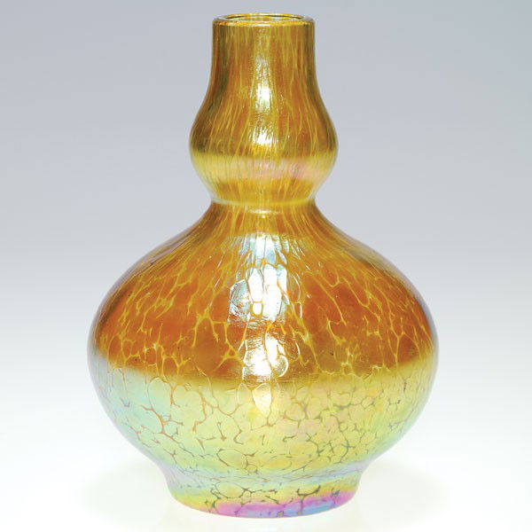 Loetz Candia Papillon "oil spot" vase, gold, 6": Loetz double gourd vase, Candia Papillon, dappled with bright gold "oil spot" patterns. Height 6 inches. Nice blue green iridescence. Polishing to edge of rim, possibly factory. Bright and beautiful.