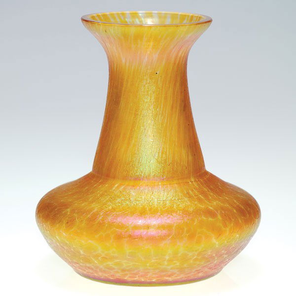 Loetz Candia Papillon vase, nice honey golden colo: Loetz Candia Papillon "oil spot" vase, a pretty honey gold, the surface alight with corona highlights. Height 4 5/8 inches. Nice surface texture. Very good condition.
