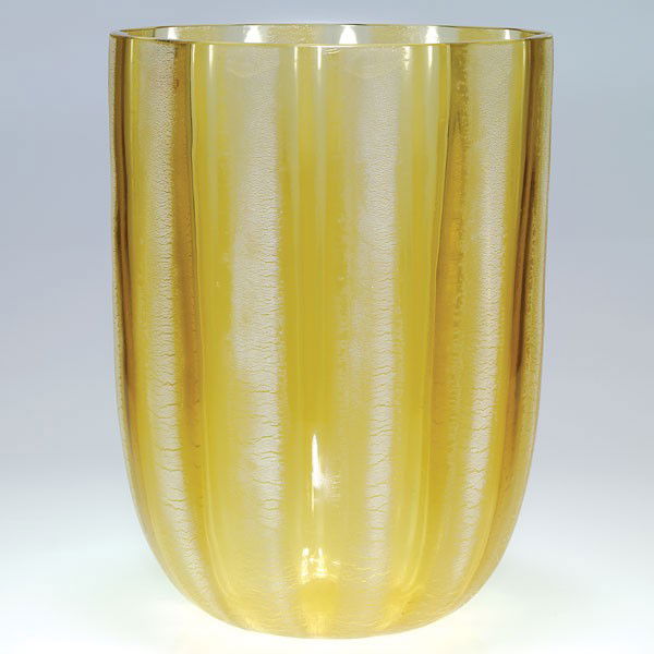 Barbini, Murano vase, amber & white, 12 1/4"X9" di: Large Barbini Murano vase for Oggetti. The 12 1/4 inch honey amber vessel ribbed with stretched white columns. Factory stickers read "Barbini Murano, Oggetti" on the interior rim. Impressive and in ex