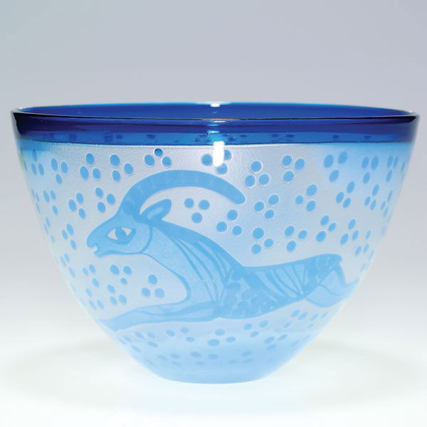 Kosta-Boda acid engraved bowl, B. Vallien, gazelle: Kosta Boda two color acid engraved bowl internally decorated with a pair of gazelles leaping through a shower of rain, designed by artist Bertil Vallien. Height 4 7/8 inches, diameter 7 1/4 inches. En