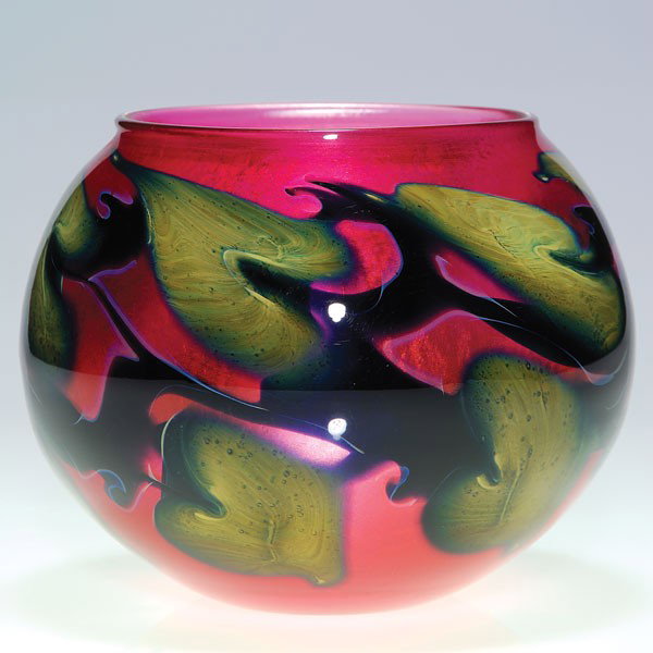 Cranberry Charles Lotton bowl, 1988, vines and lea: Cranberry bowl with black vines and green leaves done by Charles Lotton in 1988. Signed and dated by the artist.Height 6 1/4 inches. Excellent original condition. This bowl is listed in the Lotton boo