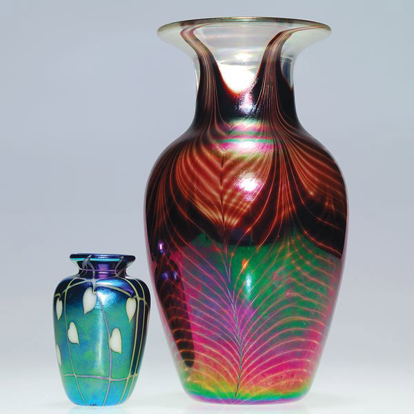 2 Contemporary vases: Larson & Richardson, 3 1/4" : Two contemporary vases. One a nice 1987 Richardson signed miniature imitating earlier glass masters in blue aurene with white leaves and vines. Height 3 1/4 inches. Second is a signed 1992 Larson doub