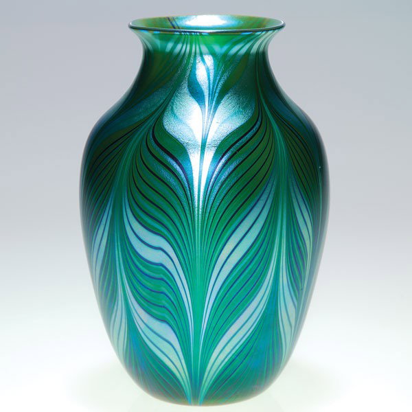 Orient & Flume vase, green silver, 7 1/4", '78, si: Early Orient & Flume organic form vase with green feathers pulled over a silvery blue surface. Height 7 1/4 inches. Engraved "Orient & Flume, 1978, JN, 107" beneath. Strong design. There are two very