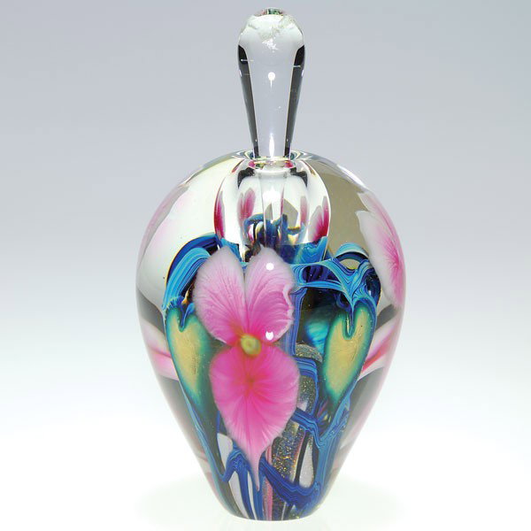 Brian Womac (Lotton Studio) perfume, with stopper,: Brian Womac Multi Flora perfume with colorless glass stopper made at the Lotton Studios in 2001. The body has pink flowers and green leaves and is signed and dated by the artist. Height 6 3/8 inches. 