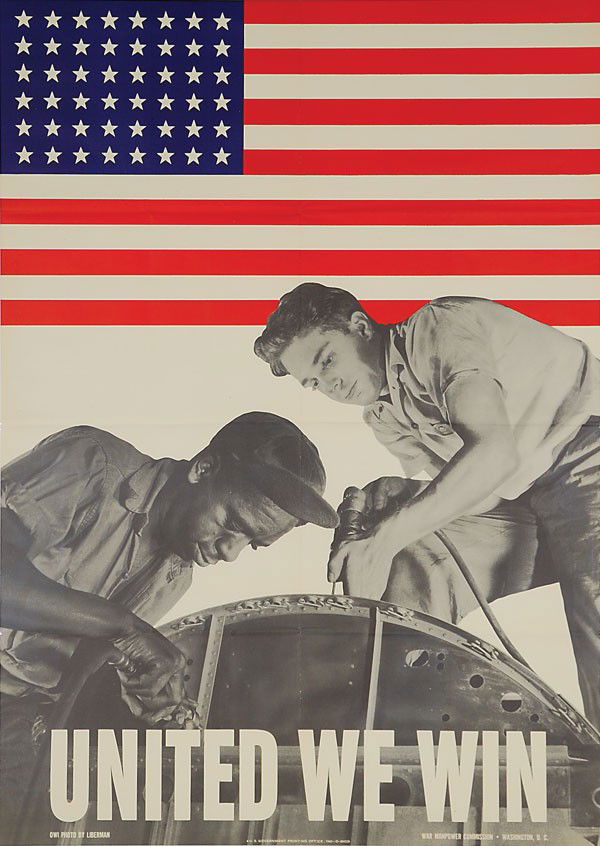 "United We Win" poster by Liberman, 28 1/2 x 40: World War II poster entitled "United We Win" done by an artist named Liberman. Size is 28 1/2 by 40 inches. Excellent original condition with original mailing folds. Unusual scene promoting racial har