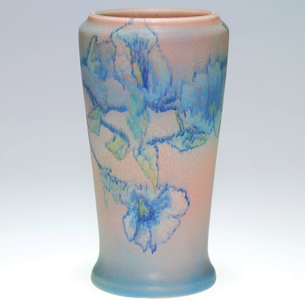 Rookwood mat, morning glories, Louise Abel, 1925,: Mat Glaze 8 1/8 inch vase encircled by blue morning glories in 1925 by Louise Abel. Impressed with the Rookwood logo, the date and shape 1657 D and bearing the artist's monogram in blue slip. No crazi