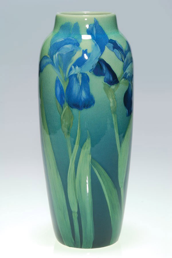 Rookwood Sea Green 10 3/4" vase, irises, Nourse, : Sea Green vase decorated in 1904 by Mary Nourse, who arrayed two large, lifelike irises against the nicely shaded blue to green ground. Impressed with the Rookwood symbol, the date and shape 907 DD an