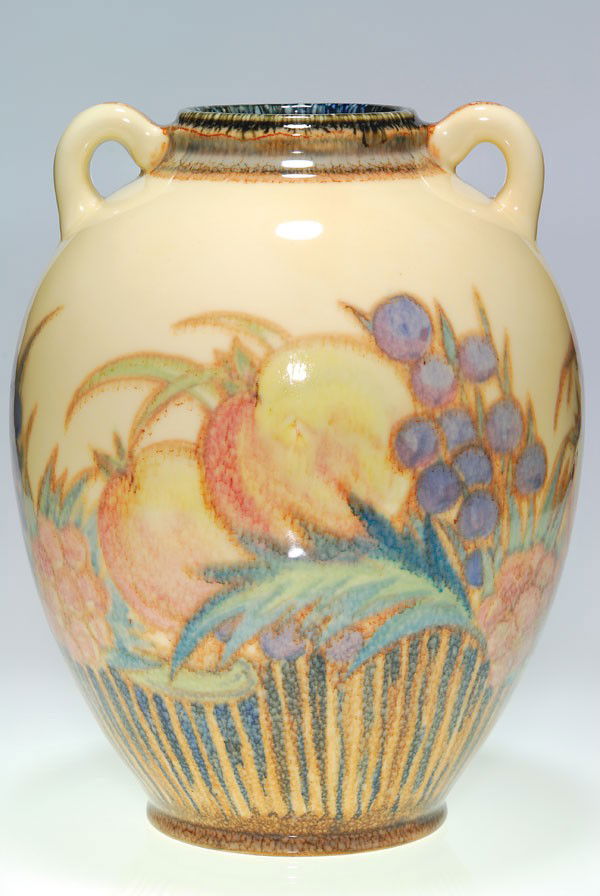 Rookwood Porcelain, fruit and leaves, Epply, 1928: Spectacular Rookwood Decorated Porcelain done in 1928 by Lorinda Epply. Pictured on the twin handled vase are several varieties of exotic fruit with lots of intricate patterning at the bottom. The int