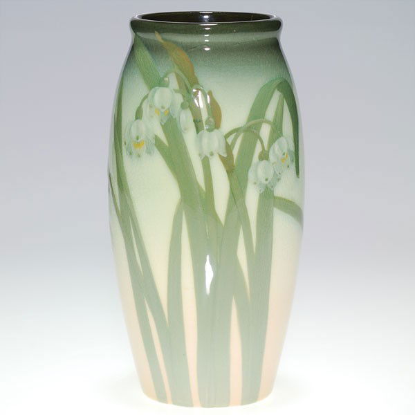 Rookwood 7 1/4" Iris vase, Sax, 1908, snow drops: Iris Glaze 7 1/4 inch vase decorated in 1908 by Sara Sax, who painted pretty white snowdrops upon the pink to green ground. Impressed with the Rookwood logo, the date and shape 917 and incised with a